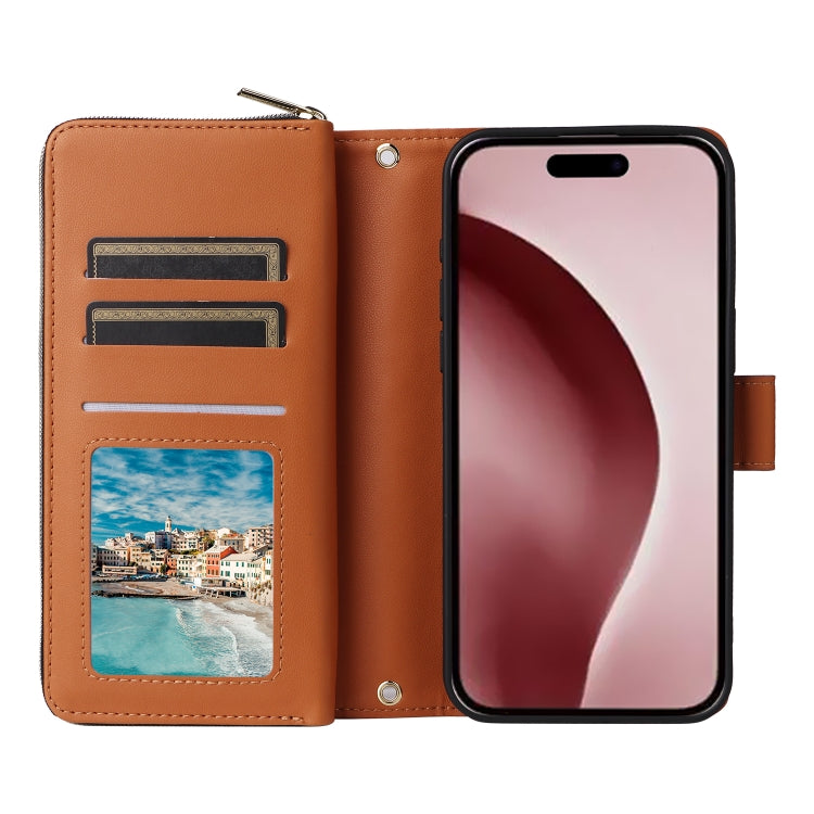 For iPhone 16 Pro Nine-card Slots Zipper Wallet Bag Leather Phone Case