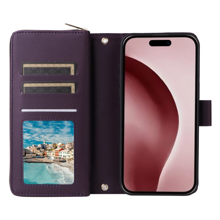 For iPhone 16 Pro Max Nine-card Slots Zipper Wallet Bag Leather Phone Case