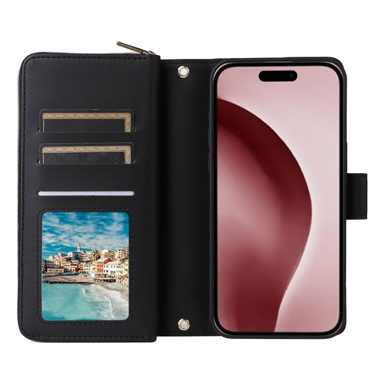 For iPhone 16 Pro Max Nine-card Slots Zipper Wallet Bag Leather Phone Case