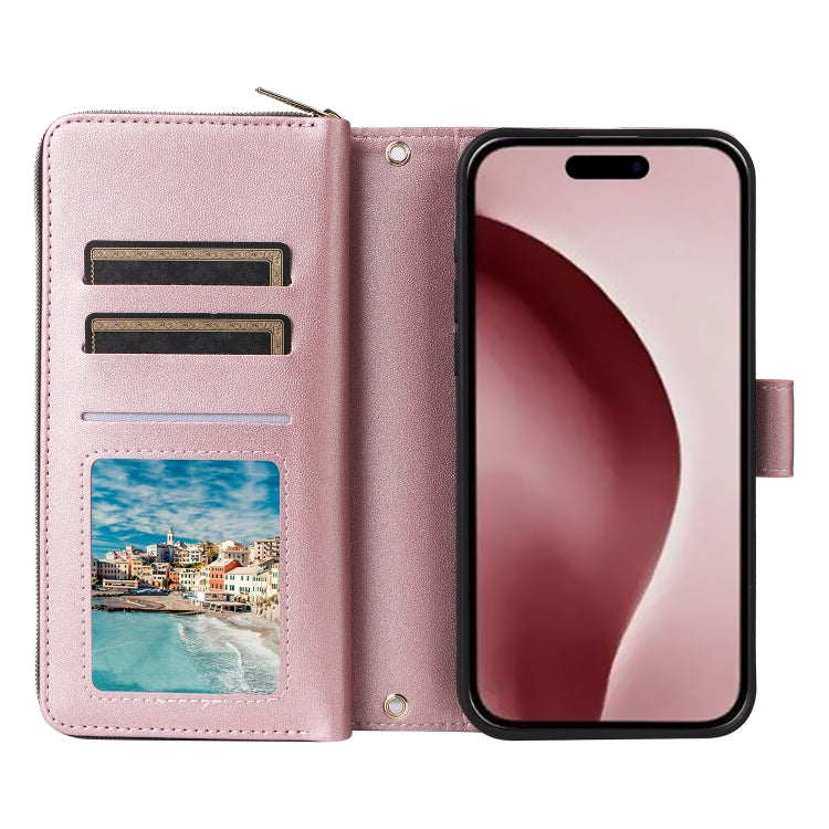 For iPhone 16 Pro Max Nine-card Slots Zipper Wallet Bag Leather Phone Case