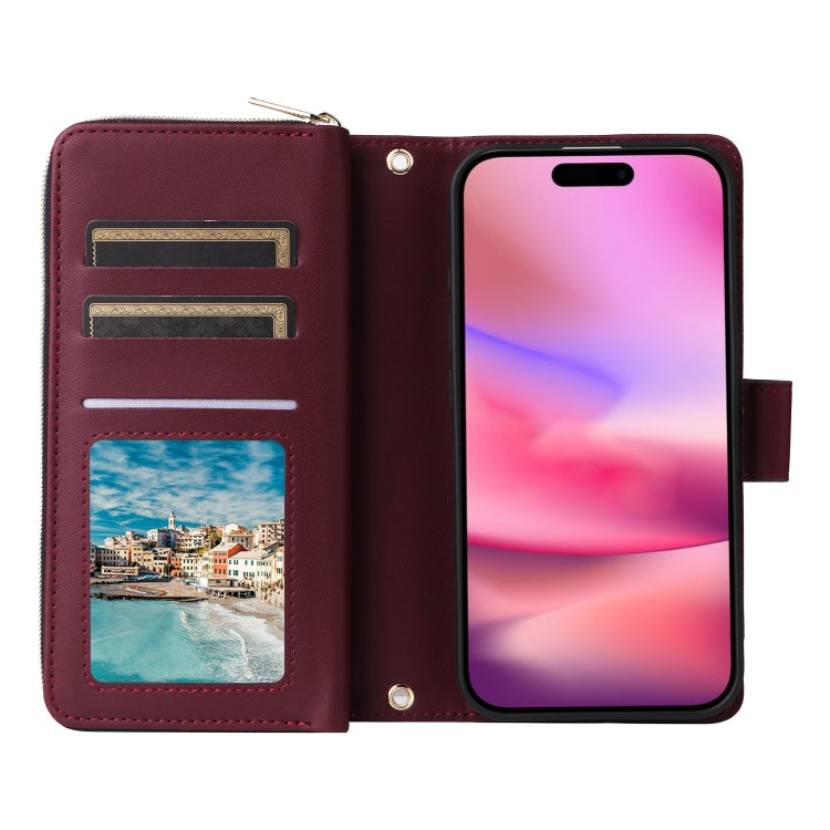 For iPhone 16 Nine-card Slots Zipper Wallet Bag Leather Phone Case