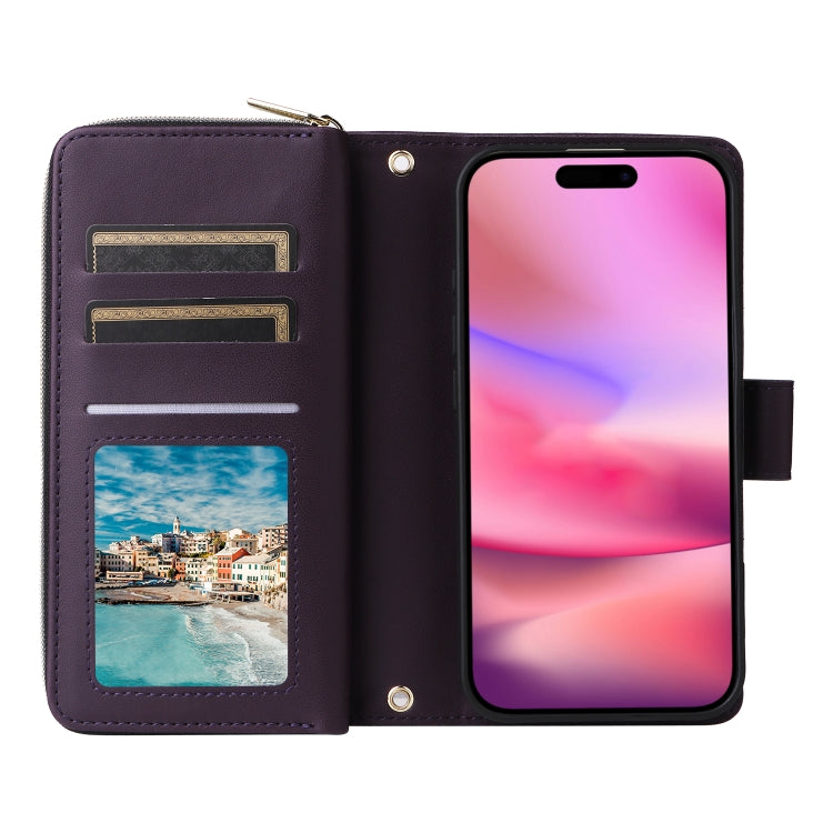 For iPhone 16 Nine-card Slots Zipper Wallet Bag Leather Phone Case