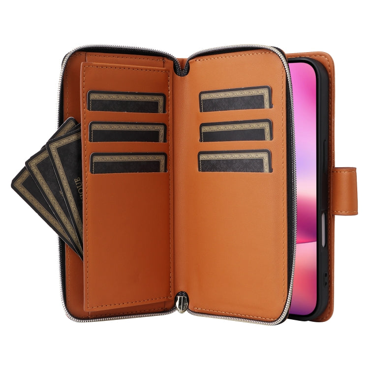 For iPhone 16 Nine-card Slots Zipper Wallet Bag Leather Phone Case