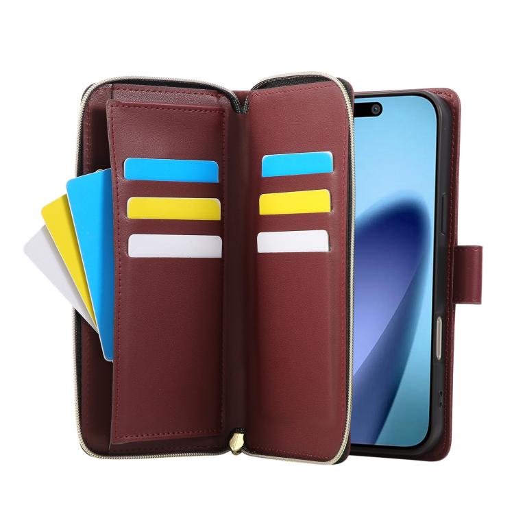 For iPhone 17 Pro Max Nine-card Slots Zipper Wallet Bag Leather Phone Case