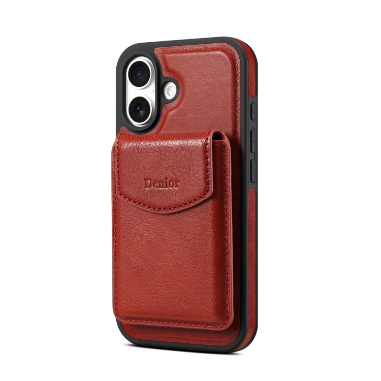 For iPhone 16 Plus Denior D22 Genuine Leather MagSafe Holder Detachable Card Slot Phone Case