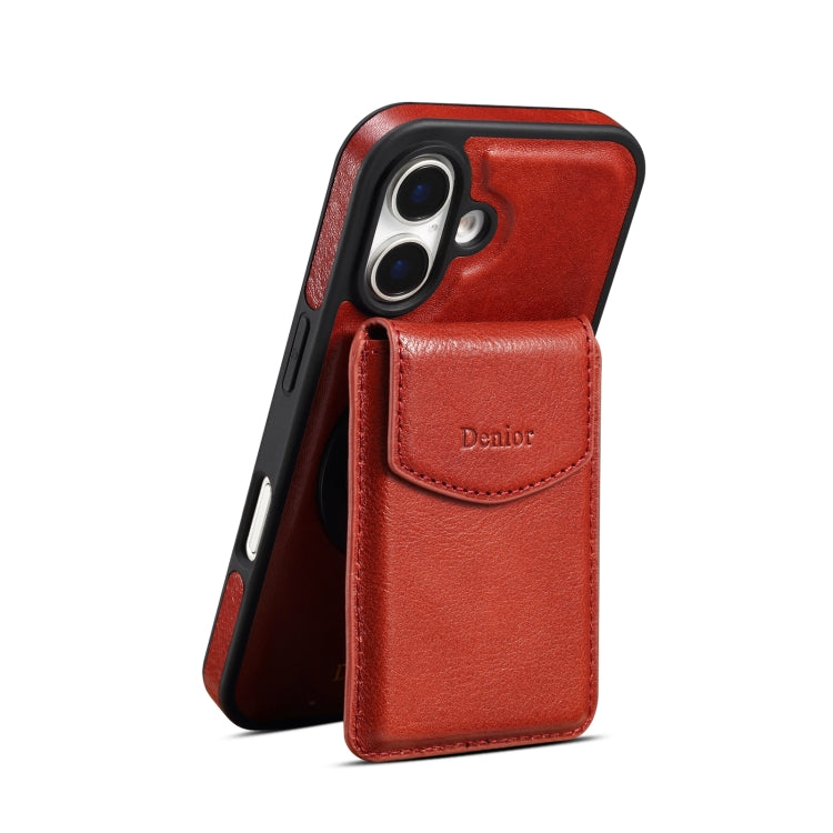 For iPhone 16 Plus Denior D22 Genuine Leather MagSafe Holder Detachable Card Slot Phone Case