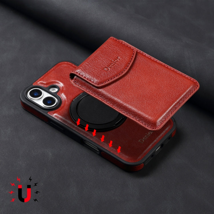 For iPhone 16 Plus Denior D22 Genuine Leather MagSafe Holder Detachable Card Slot Phone Case