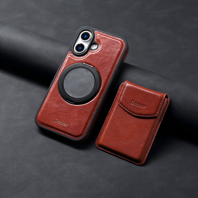 For iPhone 16 Plus Denior D22 Genuine Leather MagSafe Holder Detachable Card Slot Phone Case