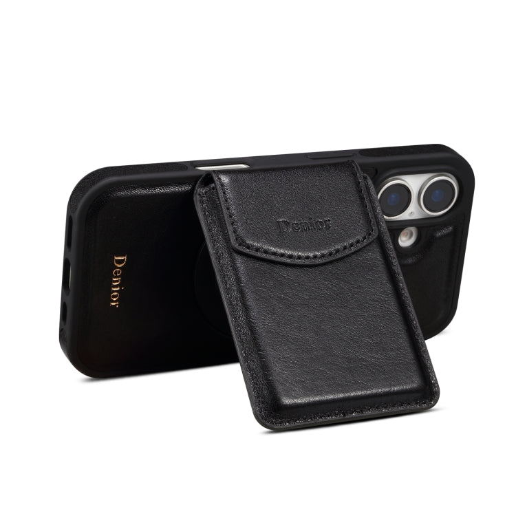 For iPhone 16 Plus Denior D22 Genuine Leather MagSafe Holder Detachable Card Slot Phone Case
