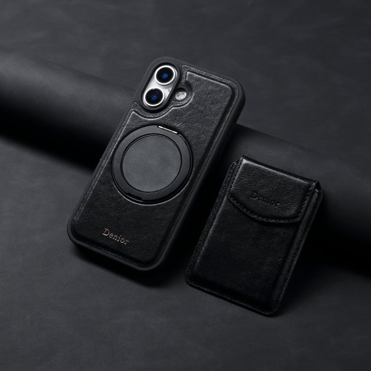 For iPhone 16 Plus Denior D22 Genuine Leather MagSafe Holder Detachable Card Slot Phone Case