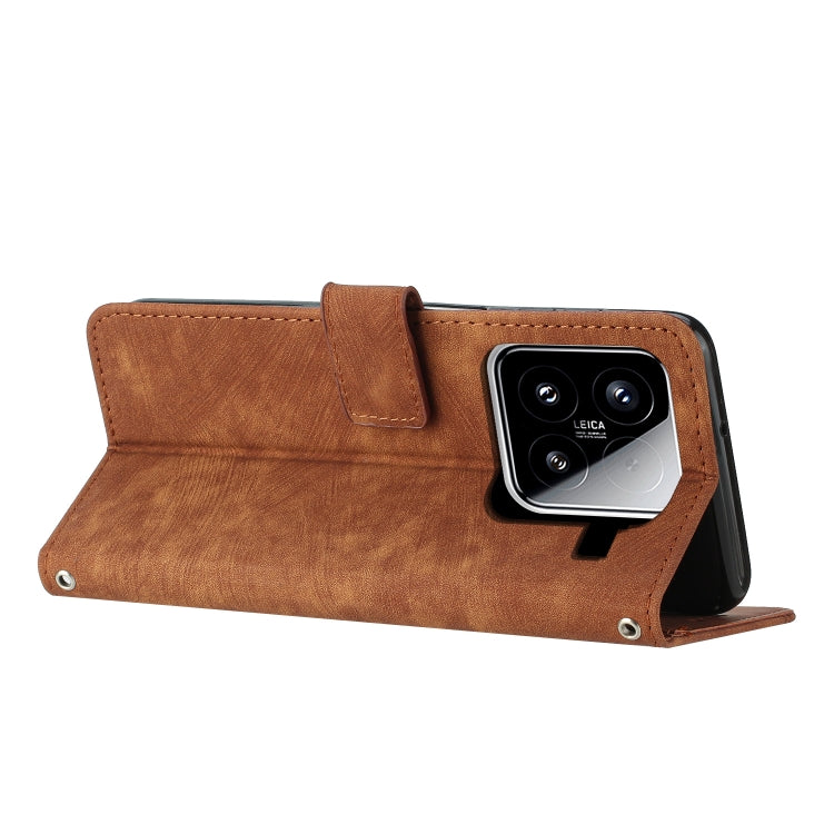 For Xiaomi 15 Skin Feel Stripe Pattern Leather Phone Case with Lanyard
