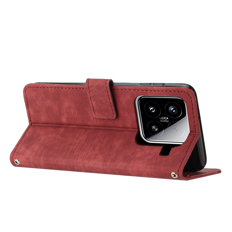 For Xiaomi 15 Skin Feel Stripe Pattern Leather Phone Case with Lanyard