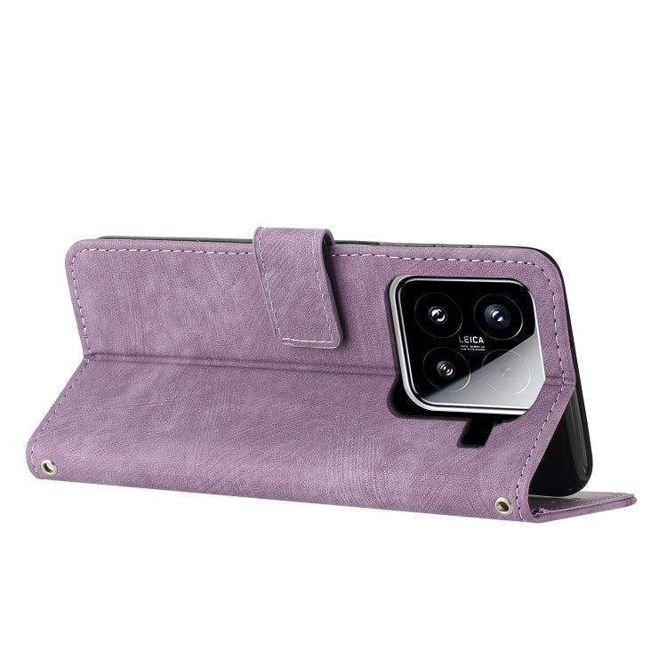 For Xiaomi 15 Skin Feel Stripe Pattern Leather Phone Case with Lanyard