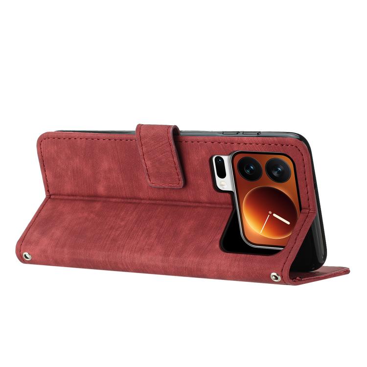 For Xiaomi 17 Pro Max Skin Feel Stripe Pattern Leather Phone Case with Lanyard