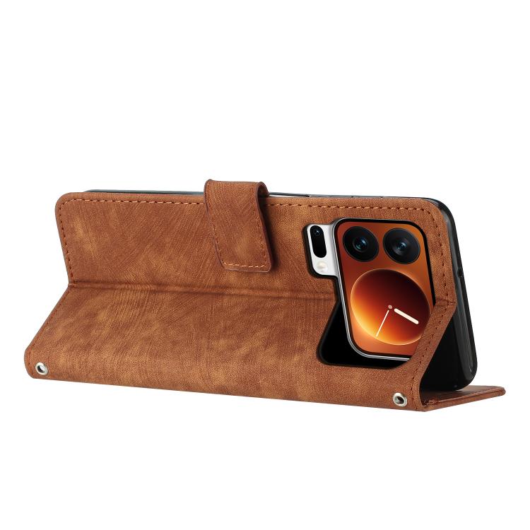For Xiaomi 17 Pro Skin Feel Stripe Pattern Leather Phone Case with Lanyard