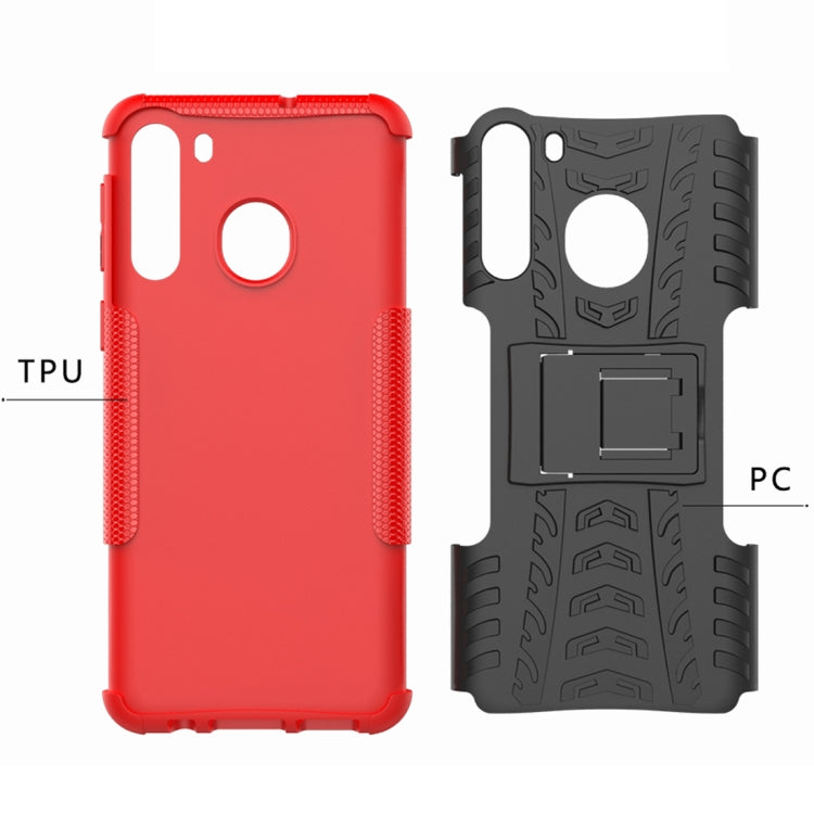 For Samsung Galaxy A21 (EU Version) Tire Texture Shockproof TPU+PC Protective Case with Holder