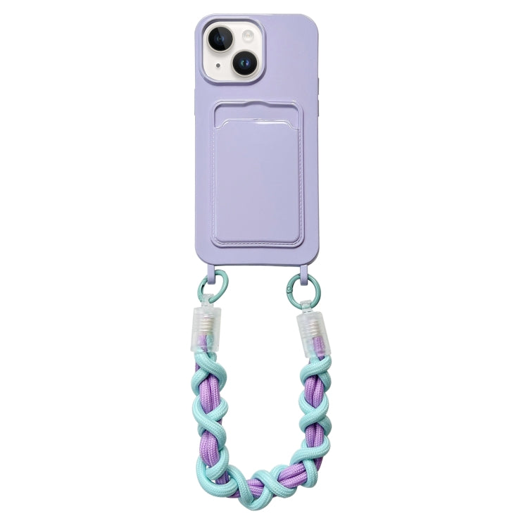 For iPhone 14 Plus Dopamine Card Slot Phone Case with Lanyard