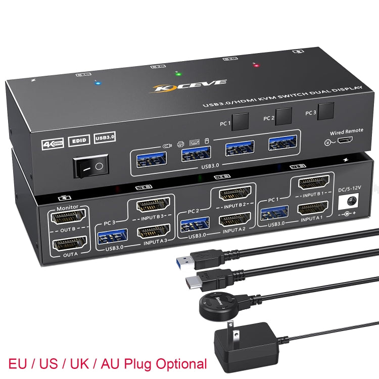KC-KVM302AS 4K 60Hz USB3.0 / HDMI Dual Monitors KVM Switch, AU Plug