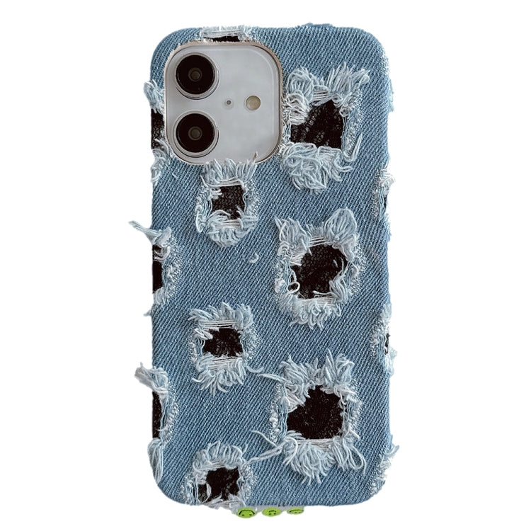 For iPhone 16 Plus Creative Multi-hole Black Lace Denim PU Phone Case