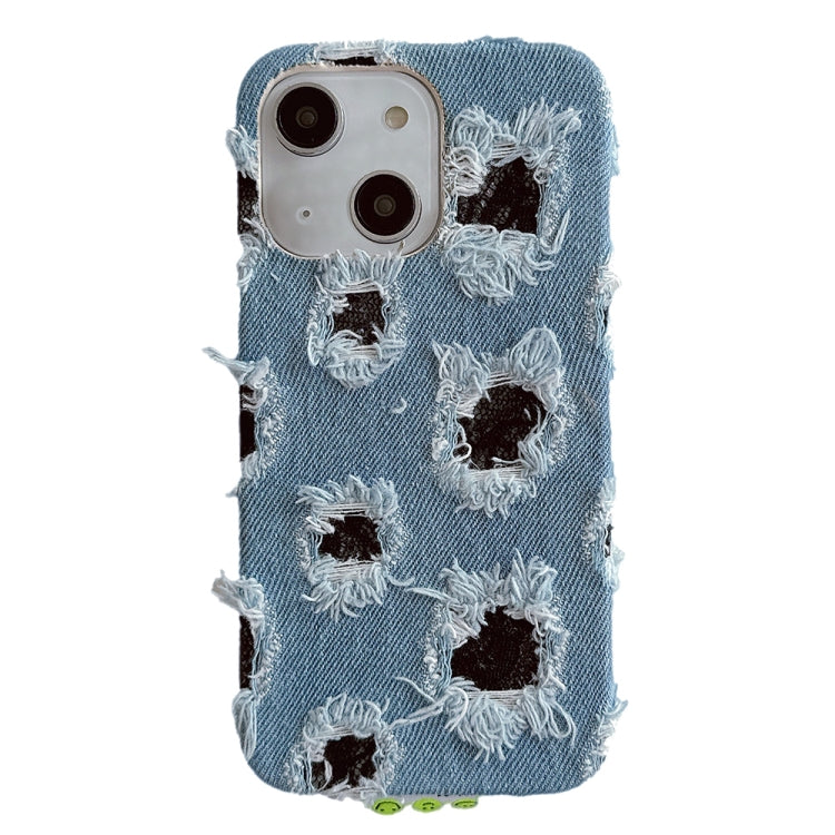 For iPhone 14 Plus Creative Multi-hole Black Lace Denim PU Phone Case