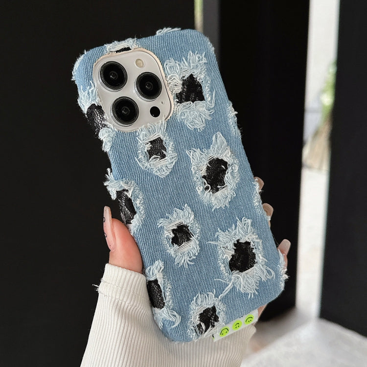 For iPhone 16 Pro Max Creative Multi-hole Black Lace Denim PU Phone Case