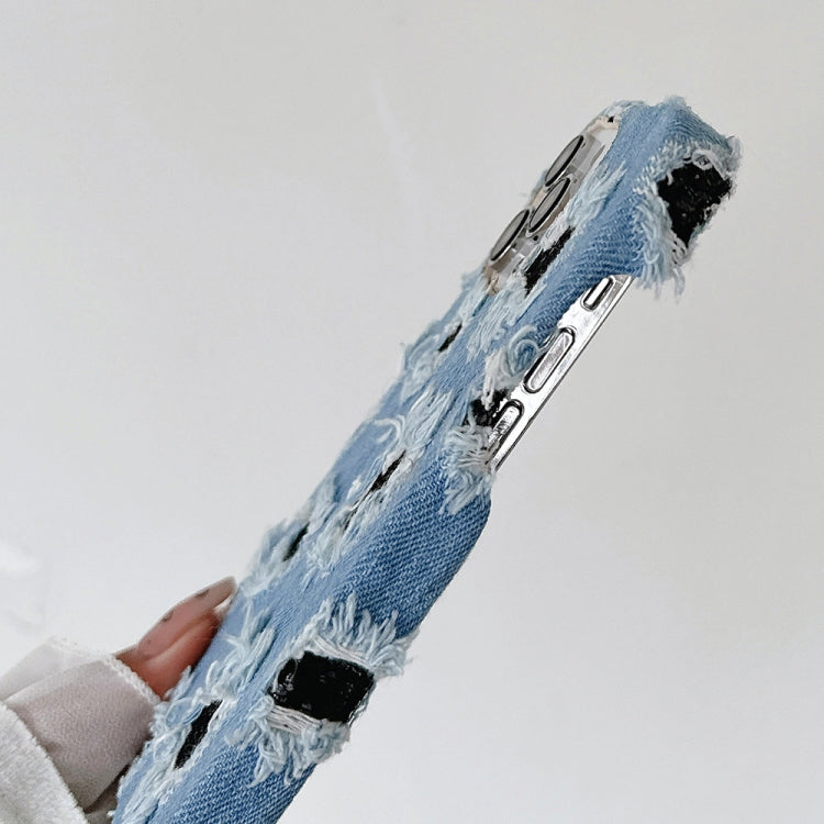 For iPhone 12 Pro Max Creative Multi-hole Black Lace Denim PU Phone Case