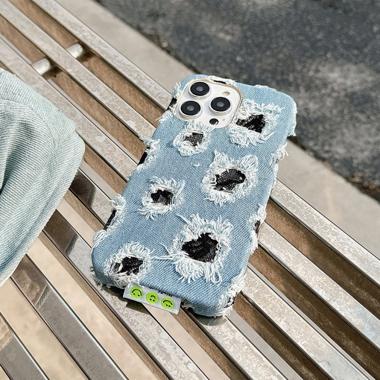 For iPhone 16 Pro Max Creative Multi-hole Black Lace Denim PU Phone Case
