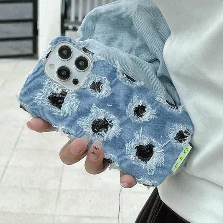 For iPhone 13 Pro Max Creative Multi-hole Black Lace Denim PU Phone Case