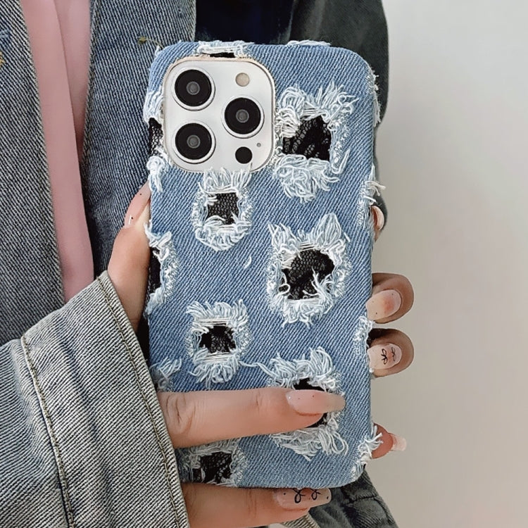 For iPhone 16 Pro Max Creative Multi-hole Black Lace Denim PU Phone Case