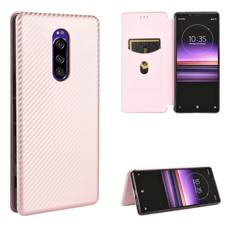 For Sony Xperia 1 Carbon Fiber Texture Horizontal Flip TPU + PC + PU Leather Case with Card Slot