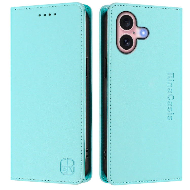 For iPhone 16 RC01 Dual-Folded Magnetic Suction RFID Leather Phone Case