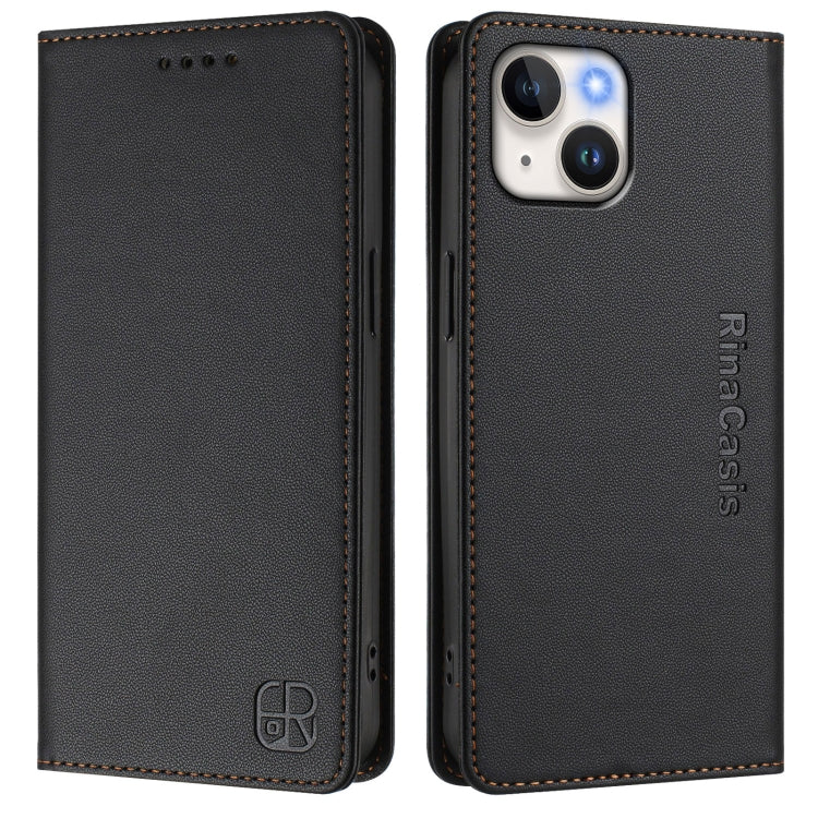 For iPhone 15 Plus RC01 Dual-Folded Magnetic Suction RFID Leather Phone Case