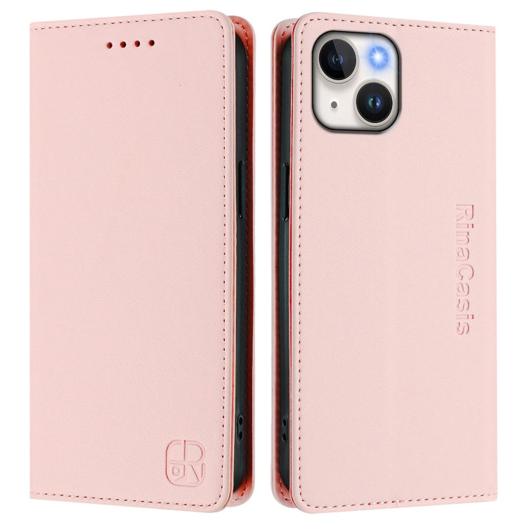 For iPhone 15 RC01 Dual-Folded Magnetic Suction RFID Leather Phone Case