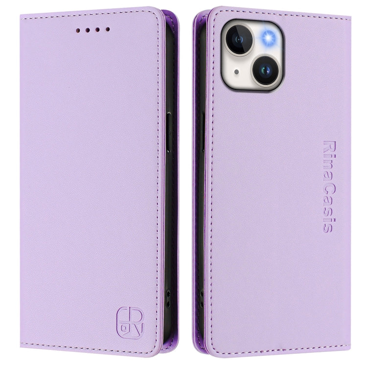 For iPhone 15 RC01 Dual-Folded Magnetic Suction RFID Leather Phone Case