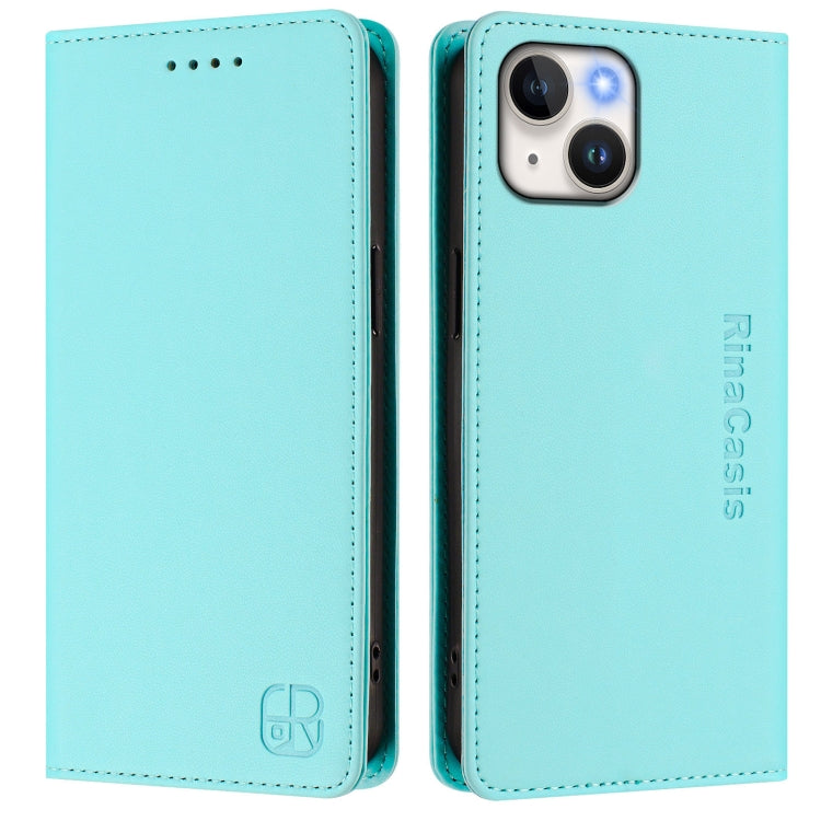 For iPhone 14 Plus RC01 Dual-Folded Magnetic Suction RFID Leather Phone Case