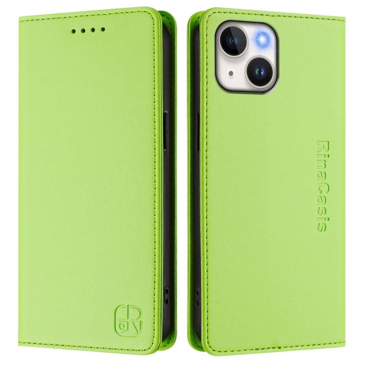 For iPhone 13 mini RC01 Dual-Folded Magnetic Suction RFID Leather Phone Case