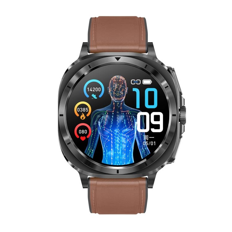 ET492 1.43 inch AMOLED Screen Leather Strap Smart Watch Supports ECG/Blood Sugar Monitoring