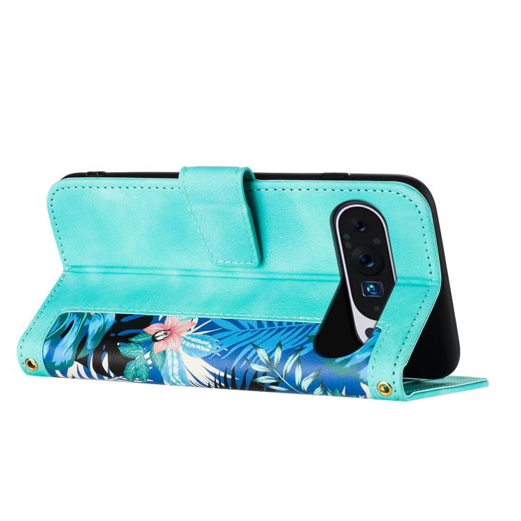 For Google Pixel 9 Pro XL Floral Pattern Leather Phone Case with Lanyard