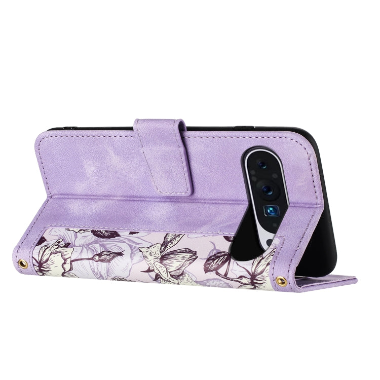For Google Pixel 9 Pro XL Floral Pattern Leather Phone Case with Lanyard
