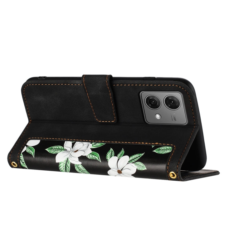 For Motorola Moto G84 Floral Pattern Leather Phone Case with Lanyard