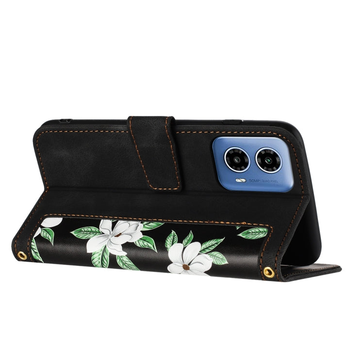 For Motorola Moto G24 Floral Pattern Leather Phone Case with Lanyard