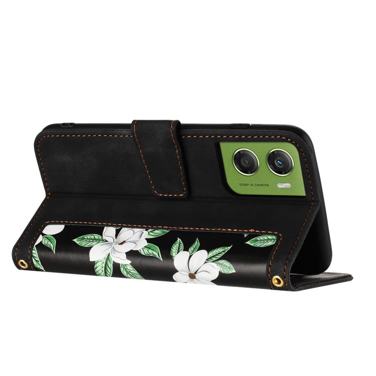 For Motorola Moto G06 4G Floral Pattern Leather Phone Case with Lanyard