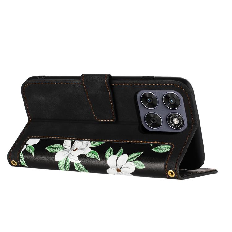 For Motorola Moto G67 / G77 5G Floral Pattern Leather Phone Case with Lanyard
