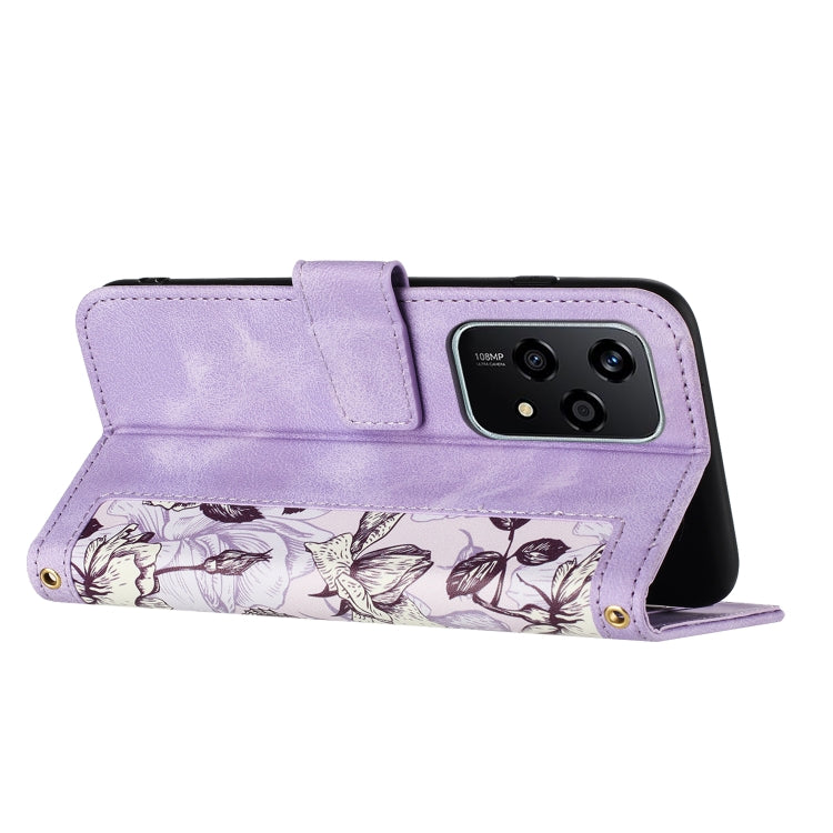For Honor 200 Lite Global Floral Pattern Leather Phone Case with Lanyard