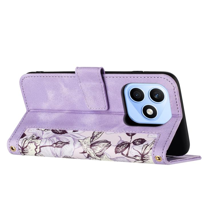 For Honor X8d 4G Floral Pattern Leather Phone Case with Lanyard