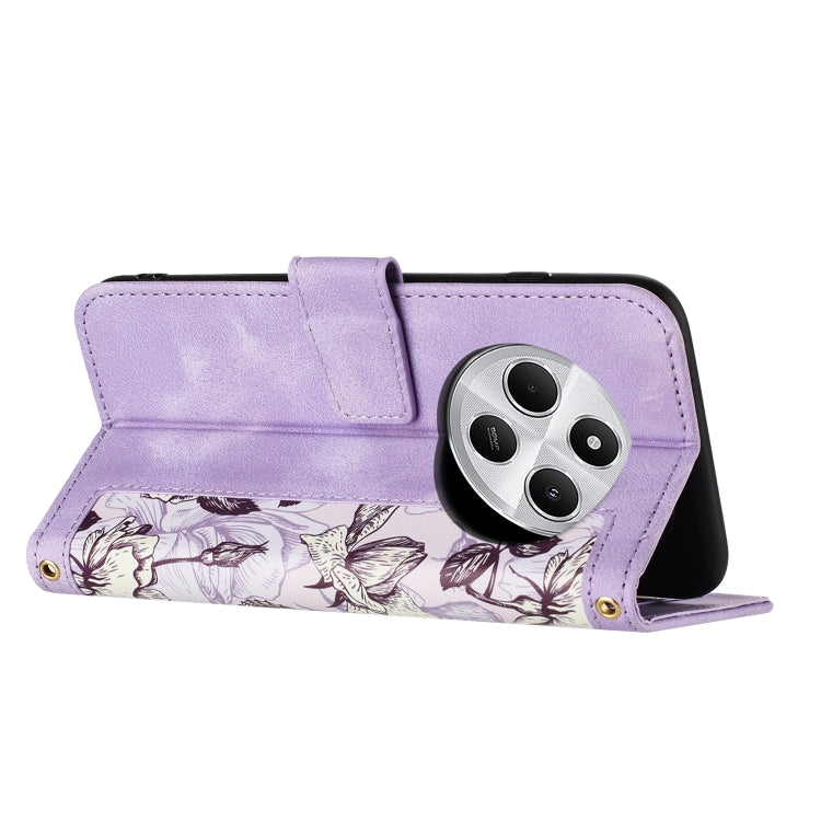 For Redmi 14C 4G Floral Pattern Leather Phone Case with Lanyard