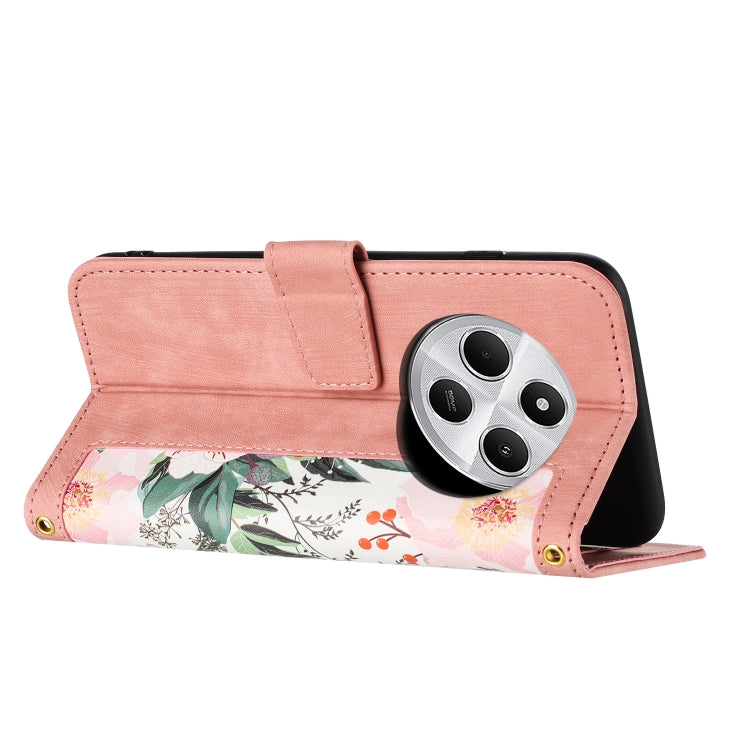 For Redmi 14C 4G Floral Pattern Leather Phone Case with Lanyard