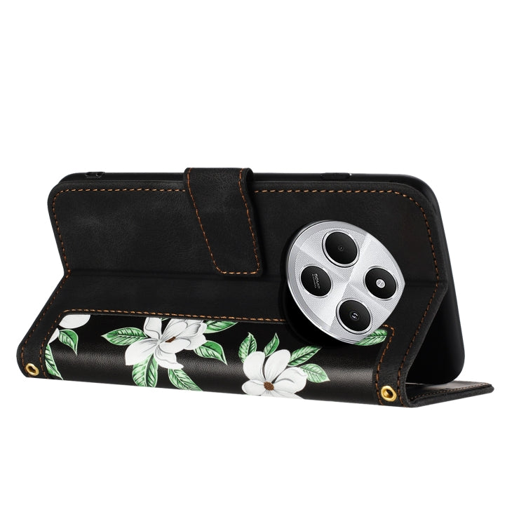 For Redmi 14C 4G Floral Pattern Leather Phone Case with Lanyard