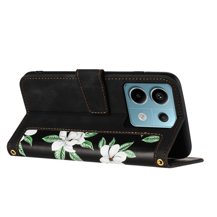 For Redmi Note 13 5G Floral Pattern Leather Phone Case with Lanyard