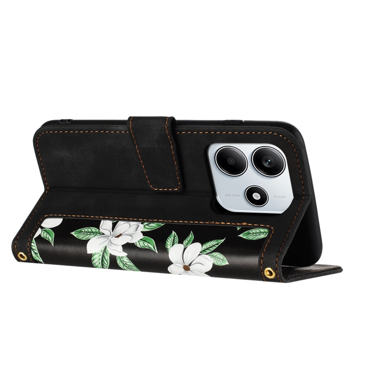 For Redmi Note 14 5G Floral Pattern Leather Phone Case with Lanyard